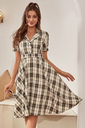 Vestido verde de mangas curtas xadrez vintage de 1950